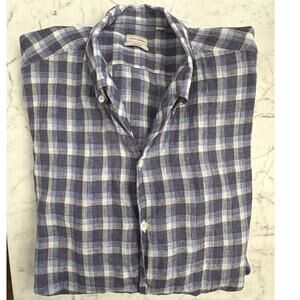 Luciano Barbera XL Mens Linen Button Down UP Shirt Plaid Blue White Print Worn 1